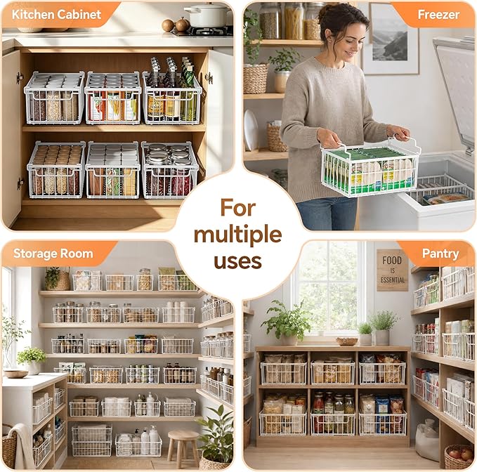 Freezer Organizer Bins, Enlarged Stackable Deep Chest Freezer Organizer Bins, Foldable Baskets with Handles, Storage Container Baskets for 5 to 9 Cu.FT Deep Freezer Sort Frozen Meats (white 3 pack)