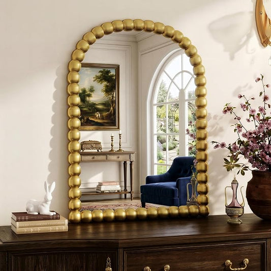 24"×36" Gold Arched Bathroom Vanity Mirror, Vintage Beaded Decorative Wall Mounted Makeup Mirror, as Wall Decor Hanging Leaning for Fireplace Mantle, Living Room, Bedroom, Vanity Area