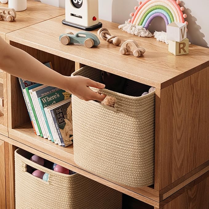 UBBCARE Set of 4 Storage Basket-12 X 12 X 12 in, Cotton Rope Basket for Shelves, Toys, Book, Cube Storage Bins with Handles, Woven Storage Basket for Organizing, Brown