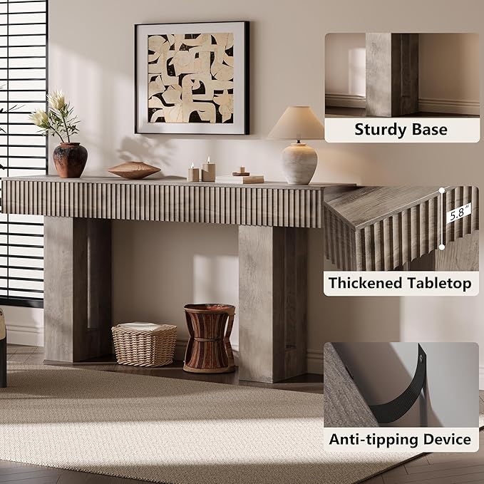 63-Inch Long Entryway Console Table with a Fluted Design, Thick Wood Farmhouse Sofa Table Behind Couch, Narrow Hallway Accent Table for Living Room, Foyer, Entrance,Grey