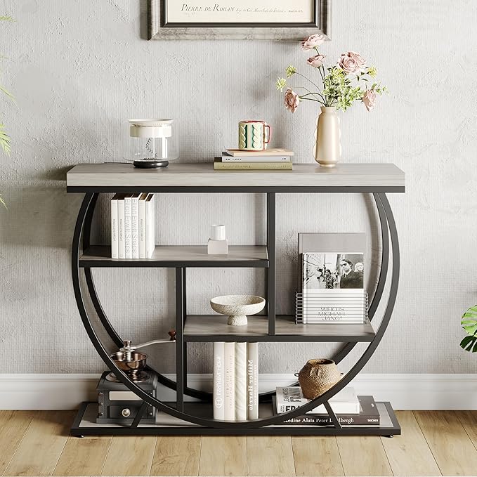 Garvee Entryway Table with Storage, Industrial 4-Tier Narrow Console Table Behind Couch with Half-Circle Base & Storage Shelves for Living Room, Hallway, Foyer