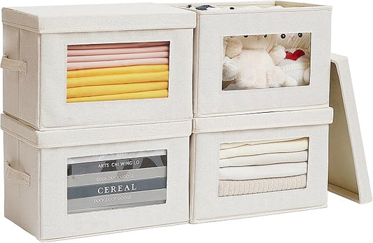 4-Pack Storage Bins with Lids, Fabric Foldable Storage Bins with Soft Cord Handles, Cube Closet Storage Baskets with Lids, Organizers for Organizing Clothes and Books, Beige