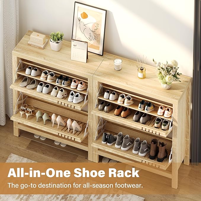 knoworld Shoe Storage Cabinet for Entryway with 2 Flip Drawers, 31.5" Narrow Fluted Shoe Organizer Cabinet, Slim Wooden Shoe Cabinet, Freestanding Hidden Shoe Cabinet for Entrance, Hallway (Natural)