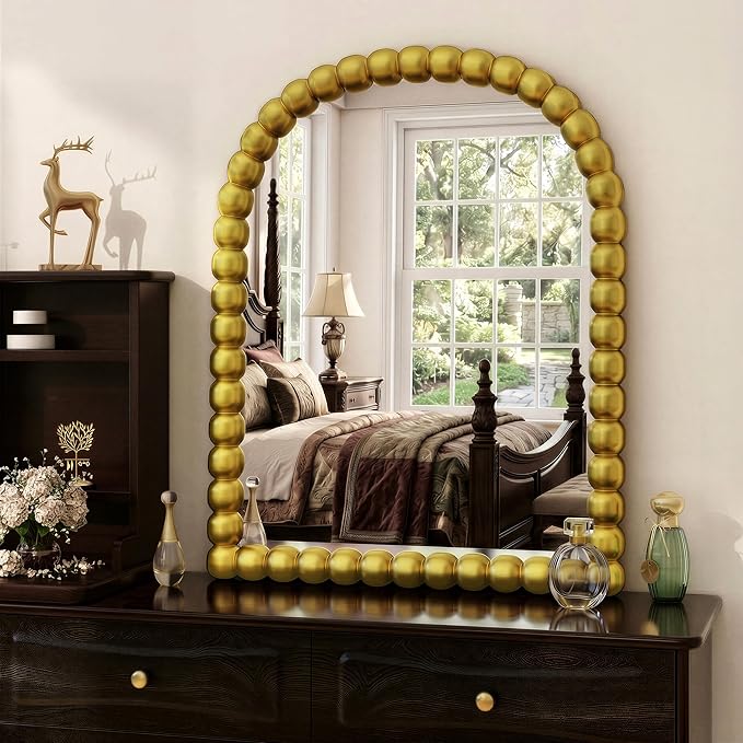22"×30" Gold Arched Bathroom Vanity Mirror, Vintage Beaded Decorative Wall Mounted Makeup Mirror, as Wall Decor Hanging Leaning for Fireplace Mantle, Living Room, Bedroom, Vanity Area