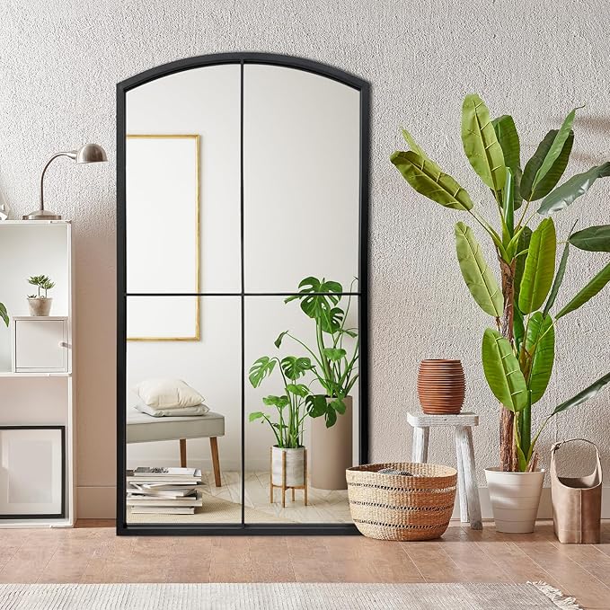 WAMIRRO Full Length Window Mirror,Black Arched Floor Grid Wall Mounted Mirrors for Fireplace/Entryway/Hallway/Living Room 28"X53"