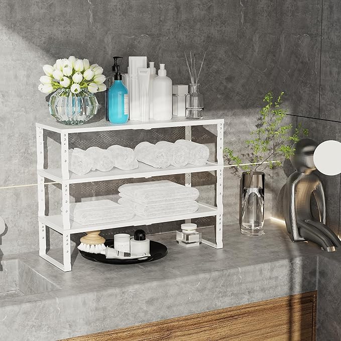 Jojocross Expandable Adjustable Stackable Kitchen Organizer, Spice Rack,Metal Pantry Storage Shelves Racks,Counter Shelf for Cabinets, Countertop, Cupboard(1 Pack/Medium/White)