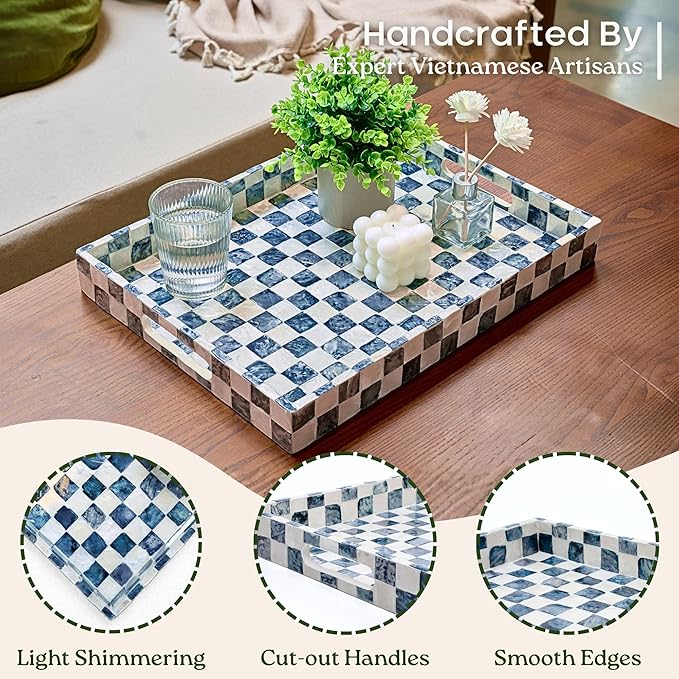 CHI AN HOME 15.8" x 11.8" Decorative Rectangular Tray with Natural Capiz Shells, Checkered Tray with Handles, Serving Tray for Ottoman, Coffee Table, Kitchen Counter Home Decor (Navy Blue)