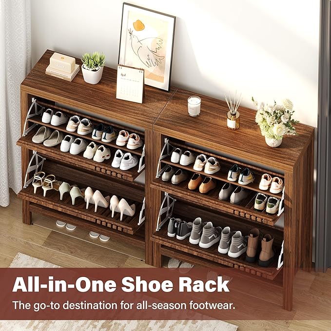knoworld Shoe Storage Cabinet for Entryway with 2 Flip Drawers, 31.5" Narrow Fluted Shoe Organizer Cabinet, Slim Wooden Shoe Cabinet, Freestanding Hidden Shoe Cabinet for Entrance, Hallway (Walnut)
