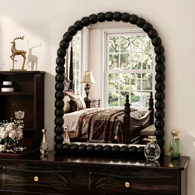 22"×30" Black Arched Bathroom Vanity Mirror, Vintage Beaded Decorative Wall Mounted Makeup Mirror, as Wall Decor Hanging Leaning for Fireplace Mantle, Living Room, Bedroom, Vanity Area