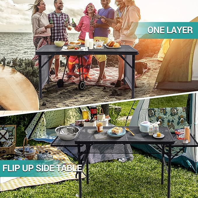 Nice C Folding Grill Table, Camping Tailgate Metal Table, 2 Tier Mesh Grill Station, with Metal Folding Adjustable Height&Width, Mesh Net, Carry Handle, for Outdoor