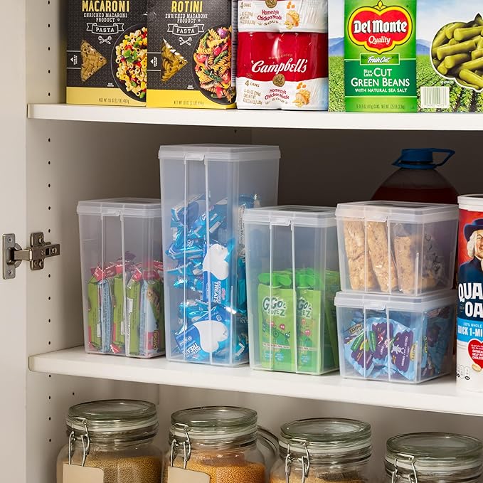 IRIS USA Vertical Plastic Flip Top Storage Containers Bins with Lids for Pantry, Home, Office, Organization, Medium, Stackable Hinged Organizer with Latches, Clear, 6 Pack