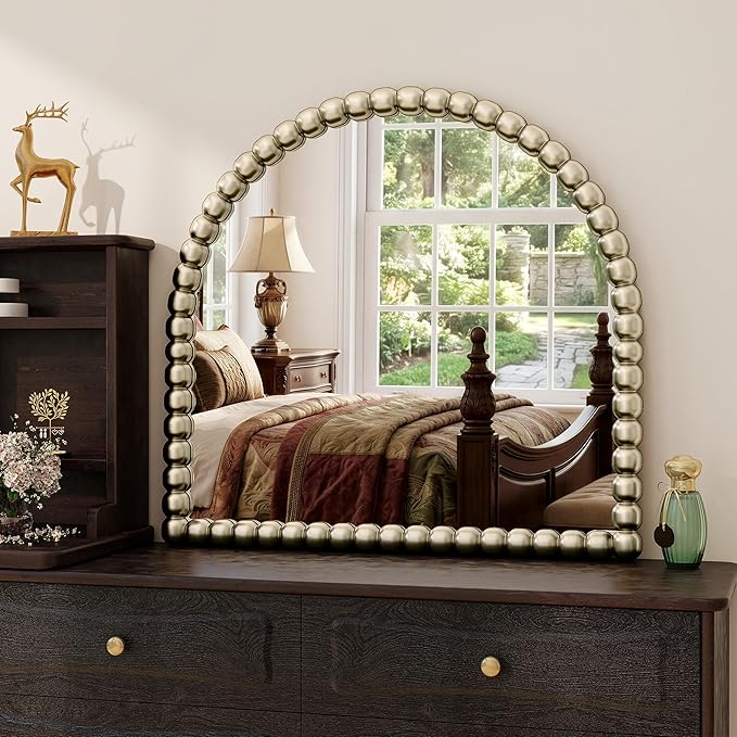 31"×32" Silver Arched Bathroom Vanity Mirror, Vintage Beaded Decorative Wall Mounted Makeup Mirror, as Wall Decor Hanging Leaning for Fireplace Mantle, Living Room, Bedroom, Vanity Area