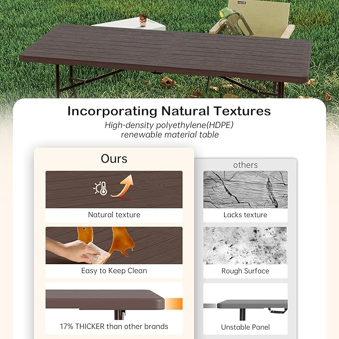 VSOAEIL Folding Table 6 Foot for Indoor Outdoor, Portable Heavy Duty Fold-in-Half Utility Plastic Foldable Dining Table with Carrying Handle for Picnic, Camping and Party, Brown