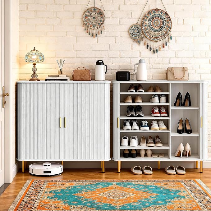DHH Shoe Storage Cabinet with Sliding Door, 6-Tier Shoe Cabinet with Adjustable Shelves, Modern Freestanding Shoe Storage Organizer for Entryway, Hallway, Living Room (Washed Grey, 47 ")