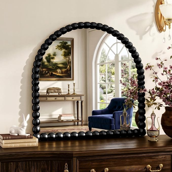 31"×32" Black Arched Bathroom Vanity Mirror, Vintage Beaded Decorative Wall Mounted Makeup Mirror, as Wall Decor Hanging Leaning for Fireplace Mantle, Living Room, Bedroom, Vanity Area