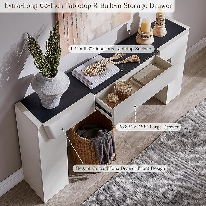 JXQTLINGMU 63" Long Wood Console Table with Storage Drawer, Modern Entryway Table, Sofa Table Behind Couch, Farmhouse Console Tables for Entryway Hallway Living Room, White