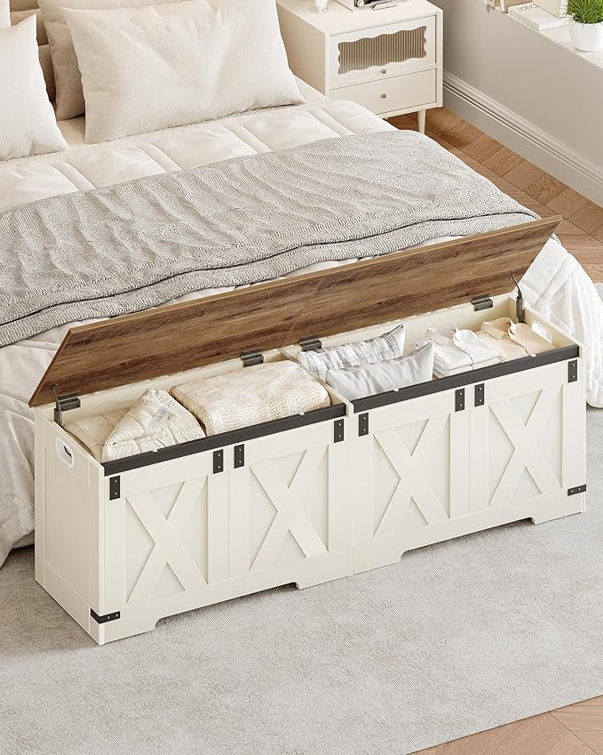 Hzuaneri 59" Storage Chest, Large Storage Trunk with 2 Hinges, Farmhouse Wooden Box Bench, Lift-Top Organizer Chest, Entryway Trunk for Bedroom, Living Room, White and Brown SB15014X