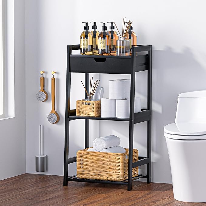 POXAKA 3 Tier Bamboo Bathroom Shelves with Drawer, Ladder Shelf for Bathroom Storage, Space-Saving Design, Stylish Display Nightstand, Stylish Storage Solution for Home, Living Room, Kitchen, Office