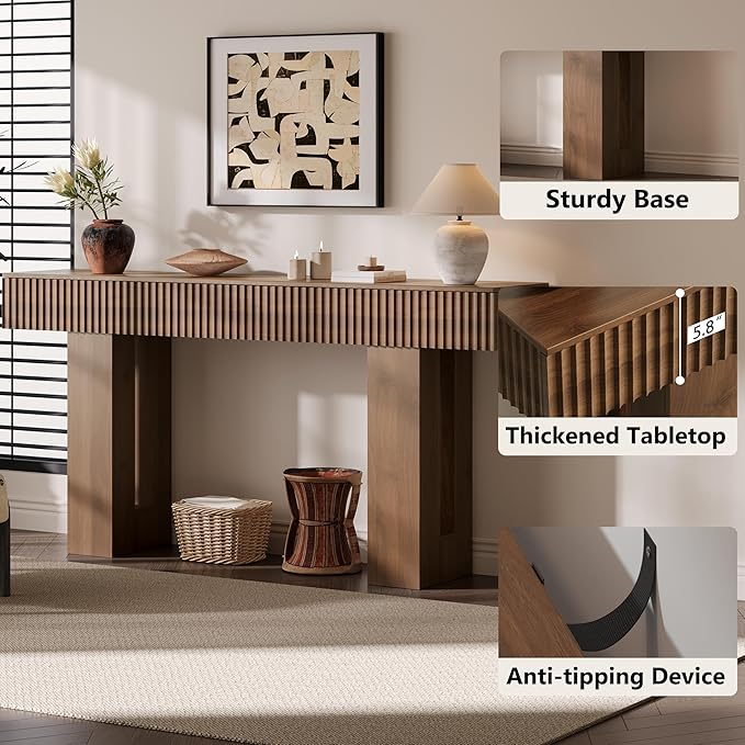 60-Inch Long Entryway Table with Built-in Power Outlet and App & Button-Controlled RGB Light, Thick Wood Farmhouse Console Table for Behind Sofa, Narrow Hallway, Living Room, Foyer, Entrance, Walnut