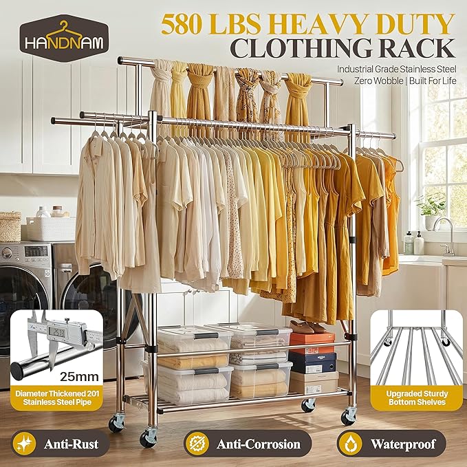 Heavy Duty Clothes Rack Load 620 LBS Foldable, Triple Rod Rolling Garment Rack for Hanging Clothes with Sturdy Wheels & Shelves, Adjustable ＆ Portable Commercial Clothing Rack with Lockable Wheels