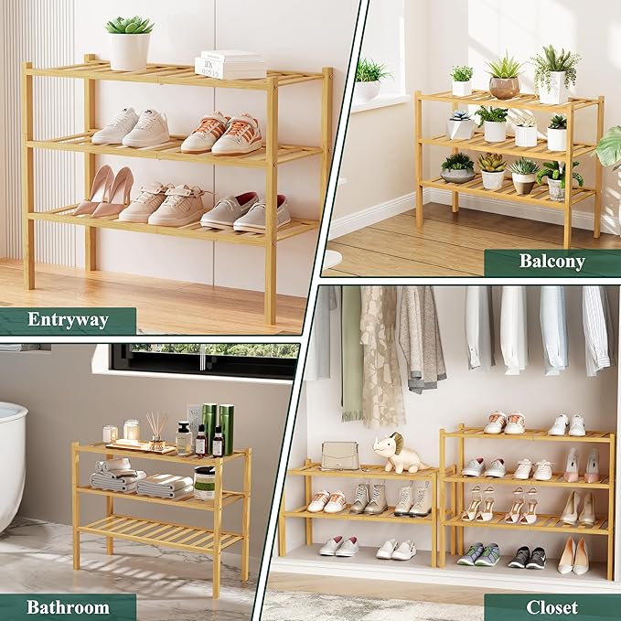 Smiry Long Bamboo Shoe Rack, 4 Tier Free Standing Wooden Shoe Organizer, Stackable Wood Shoe Storage Shelf for Closet, Entryway, 12 Vertical Slats, 2+2 Stack Standard Legs, 33.7"x11"x26", Natural