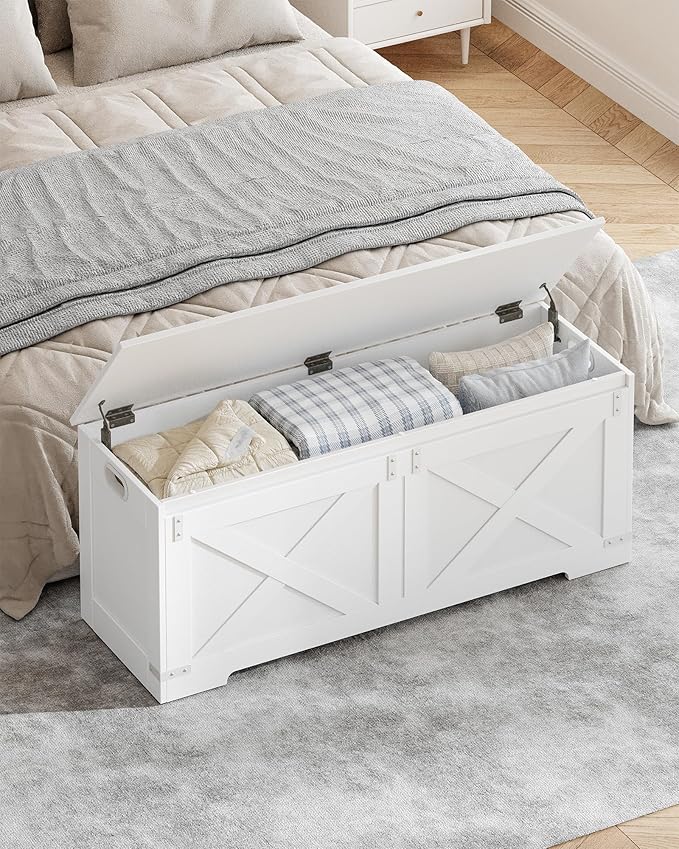 Hzuaneri 47.2" Storage Chest, Large Storage Trunk with 2 Hinges, Farmhouse Wooden Box Bench, Lift-Top Organizer Chest, Entryway Trunk for Bedroom, Living Room, White SB12103X