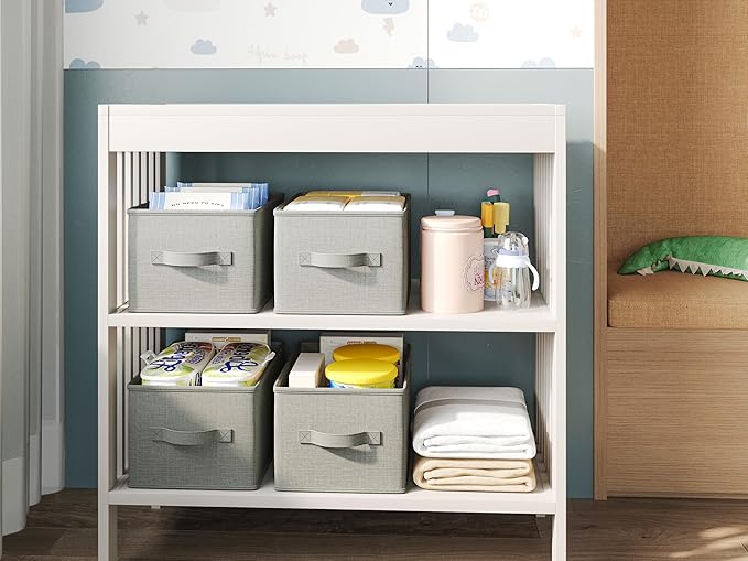 LayerSpace 3 Pack Fabric Storage Bins for Shelves | 11.5x8.75x6.5in Closet Storage Baskets | Collapsible Storage Bins | Fabric Closet Organizers with Handles | Light Gray