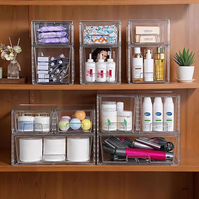 Stackable Storage Drawers(5 Pack),High-strength Clear Plastic Multi-purpose Organizer Bins with Handles, Easily Assemble Acrylic Drawers for Bathroom Closet Cabinet Pantry Under Sink
