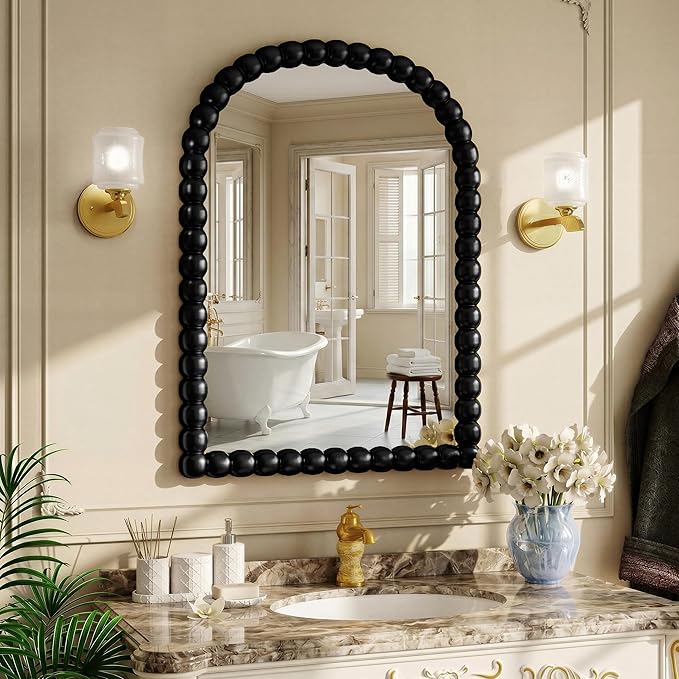 30"×38" Black Arched Bathroom Vanity Mirror, Vintage Beaded Decorative Wall Mounted Makeup Mirror, as Wall Decor Hanging Leaning for Fireplace Mantle, Living Room, Bedroom, Vanity Area