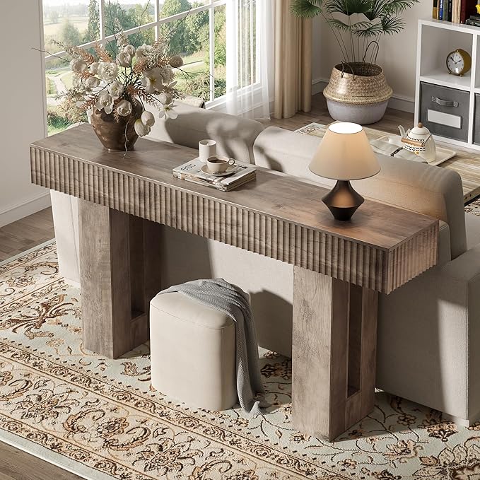 63-Inch Long Entryway Console Table with a Fluted Design, Thick Wood Farmhouse Sofa Table Behind Couch, Narrow Hallway Accent Table for Living Room, Foyer, Entrance,Grey
