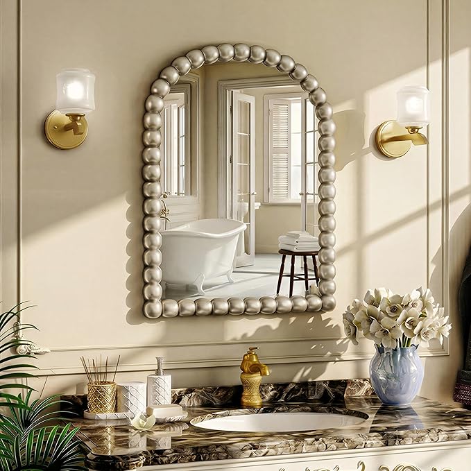 24"×36" Silver Arched Bathroom Vanity Mirror, Vintage Beaded Decorative Wall Mounted Makeup Mirror, as Wall Decor Hanging Leaning for Fireplace Mantle, Living Room, Bedroom, Vanity Area