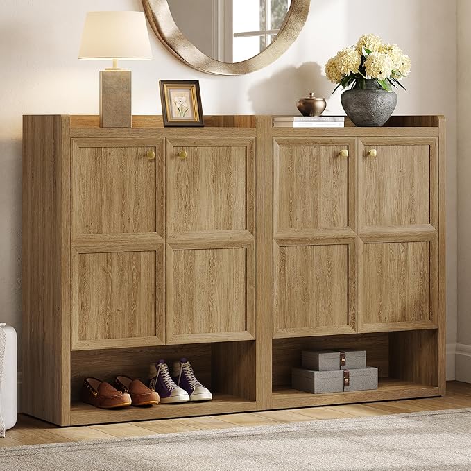 SICOTAS Shoe Cabinet Storage for Entryway - 48-Pair Shoe Cabinets with Doors and Adjustable Shelves, Modern Large 7-Tier Shoes Storage Cabinet for Mudroom Closet Hallway Living Room, Brown Oak, 2PCS