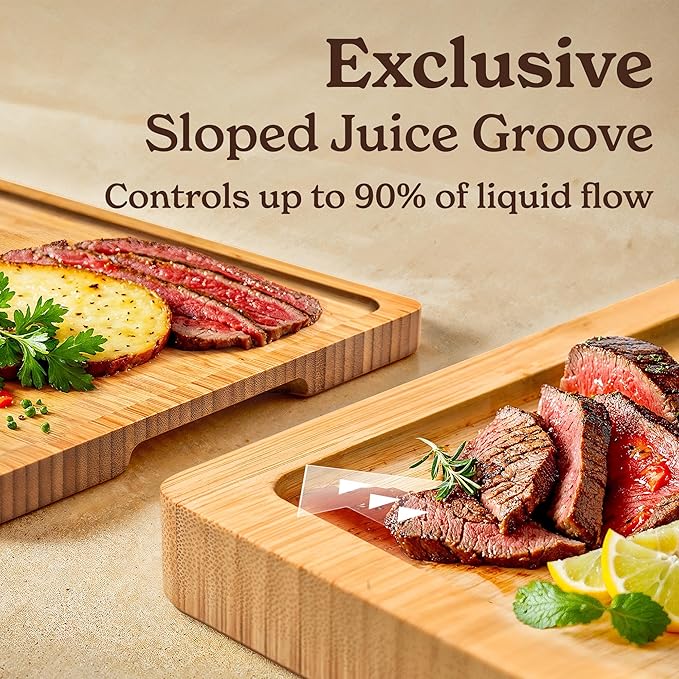 SMIRLY Bamboo Cutting Boards for Kitchen - Wood Cutting Board with Handle and Juice Groove for Meal Prep, Charcuterie - Kitchen Gadgets - Wooden Chopping Board Set of 4 with Holder - Natural Bamboo