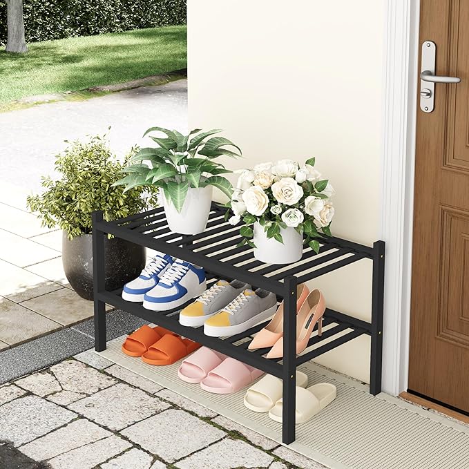 Smiry Bamboo Shoe Rack, 2 Tier Free Standing Wooden Shoe Organizer, Stackable Wood Shoe Storage Shelf for Closet, Entryway, 14 Vertical Slats, One-piece Heavy-Duty Legs, 26.8"x11"x13", Brown