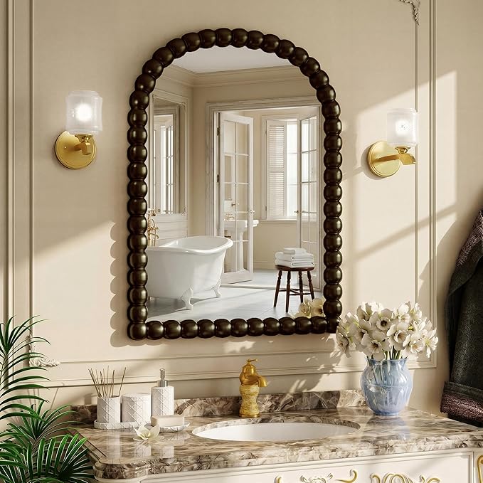 30"×38" Bronze Arched Bathroom Vanity Mirror, Vintage Beaded Decorative Wall Mounted Makeup Mirror, as Wall Decor Hanging Leaning for Fireplace Mantle, Living Room, Bedroom, Vanity Area