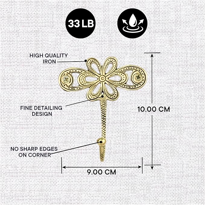 Indian Shelf 33 Lb. 3 Pieces Key Holder Flower Vintage Brass Decorative Wall Hooks for Hanging Unique Coat Rack Wall Mount Antique Towel Hangers Gold