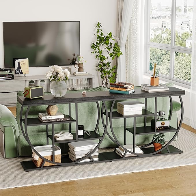 Garvee Entryway Table with Storage, Industrial 4-Tier Narrow Console Table Behind Couch with Half-Circle Base & Storage Shelves for Living Room, Hallway, Foyer