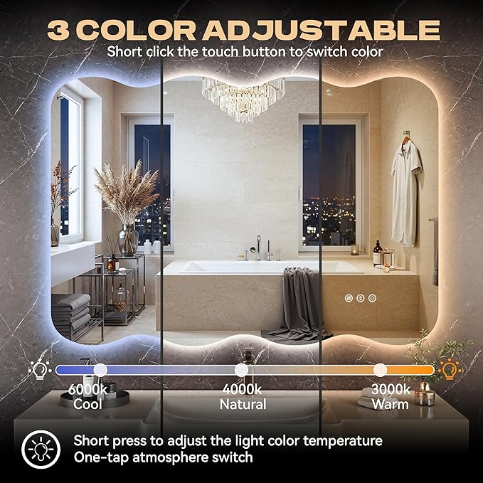 Hasipu Wavy Full Length Mirror with Lights - 28"×20" LED Wavy Floor Mirror, Frameless, Dimmable, Standing or Vertical/Horizontal Wall-Mounted Mirror for Bedroom, Living Room, Cloakroom