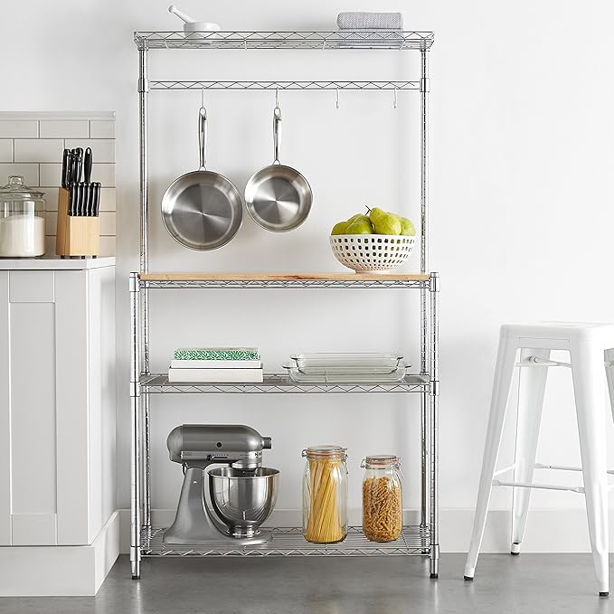 Amazon Basics 3 Tier Sturdy Baker's Rack with Kitchen Storage, Storage Shelf, Utility Storage, Removable Top, Hanging Bar, 14" x 35.83" x 63.31", Wood/Chrome