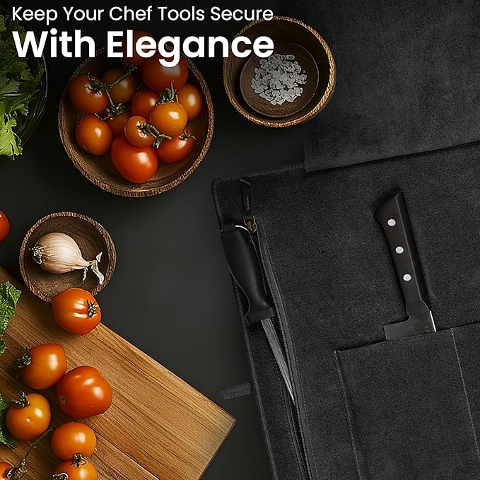 LEATHER VILLAGE Genuine Leather Knife Roll Bag – Professional Chef Carrying Case, Durable Sheath Holder, Cooks & Culinary Tools Organizer, Portable Travel Storage with 4 Slots & Zipper - Black