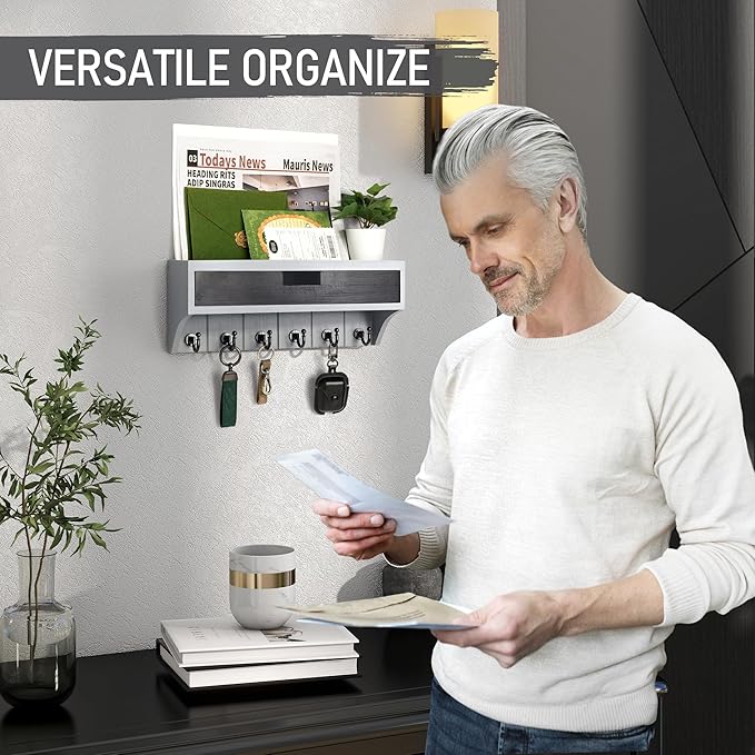 Rebee Vision Modern Pine Wood Key Holder Wall Mount with Drawer Organizer - Stylish Mail Organizer with 6 Key Hooks & Wall Shelf - Modern Apartment Essentials for Room Decor (Gray & Black)