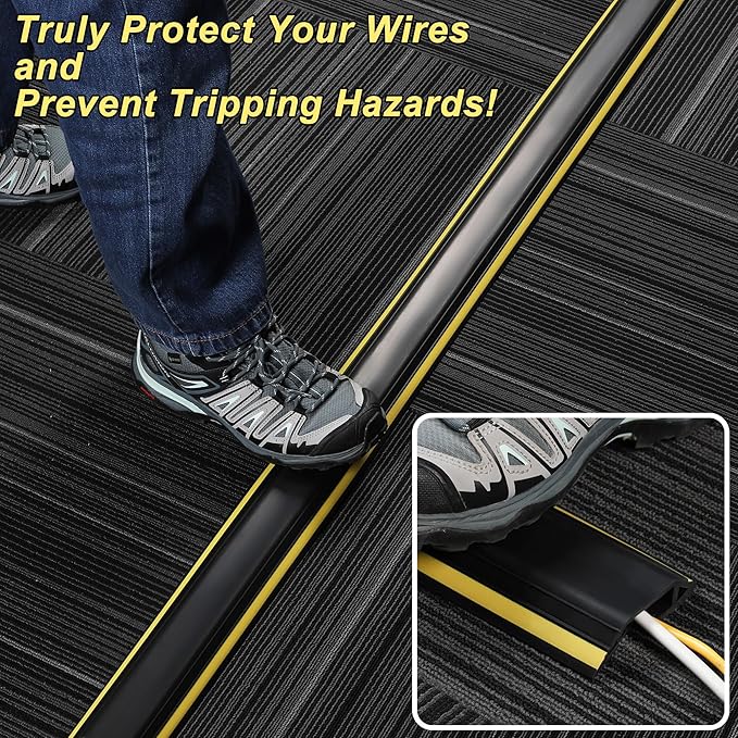 ZhiYo 10ft Cord Cover Floor Heavy Duty, Extension Cord Hider, PVC Wire Covers for Cords, Cable Protector Prevent Trips, Cable Cover Wire Hider for Home Office Indoor Outdoor, Black 3.2" (W) x 0.8" (H)