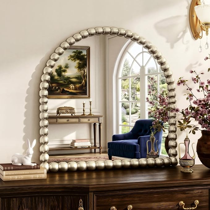 31"×32" Silver Arched Bathroom Vanity Mirror, Vintage Beaded Decorative Wall Mounted Makeup Mirror, as Wall Decor Hanging Leaning for Fireplace Mantle, Living Room, Bedroom, Vanity Area