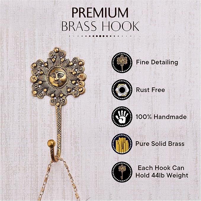 Indian Shelf 33Lb. 3 Pieces Decorative Gold Sunflower Hooks Brass Wall Key Holder Vintage Golden Home Decor Sun Wall Coat Hook