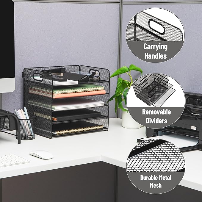 Mind Reader 5 Tier Paper Tray Desktop Organizer, Removable Shelves, Cut-Out Handles, Tool-Free Assembly, Metal Mesh, Black