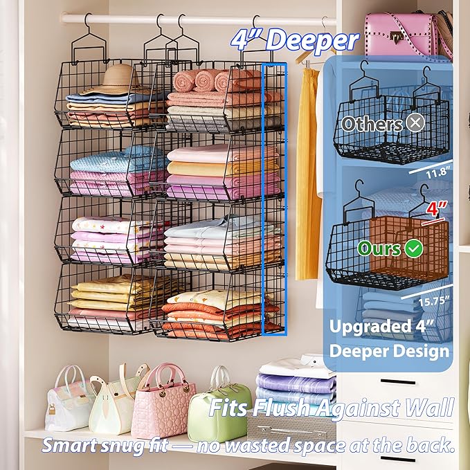 6-Tier Extended Depth Hanging Closet Organizers and Storage for Closet Organization, Stackable Hanging Shelves with Hooks for Clothes Sweaters Towels Purses, Fits Closet Shelves & Wire Metal Shelving