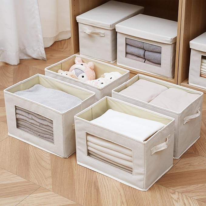 3 Pack Storage Bins with Lids, Fabric Foldable Storage Bins with Soft Cord Handles, Canvas Storage Bin with Lid for Organizing Clothes, Blankets and Books, Beige