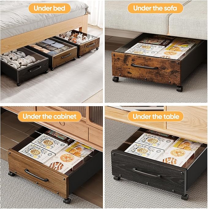 Under Bed Storage with Wheels, 2 Packs Wooden Storage Containers Extra Large Underbed Shoes Organizer, Rolling Under Bed Storage Drawers with Clear Lid, Heavy Duty for Clothes Toys 36"L (Vintage)