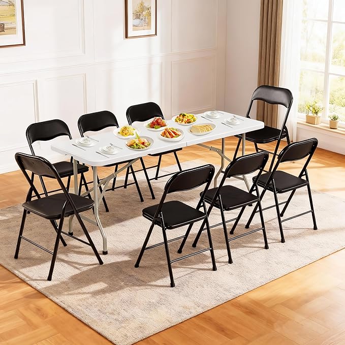 Elevon Folding Table Set with 8 Black Folding Chairs,6 Feet Heavy Duty Fold-in-Half Utility Table Sets for Picnic, Event, Training, Outdoor Activities, at Home and Commercial Use