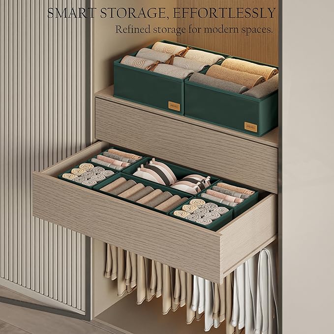 Clothes Organizer, Transform Your Drawers in Seconds - Green Set of 6 Foldable Storage Boxes with Zipper, Durable 600D Fabric, Includes Fragrance Sachets, Ideal for Underwear, Socks, Baby Clothes